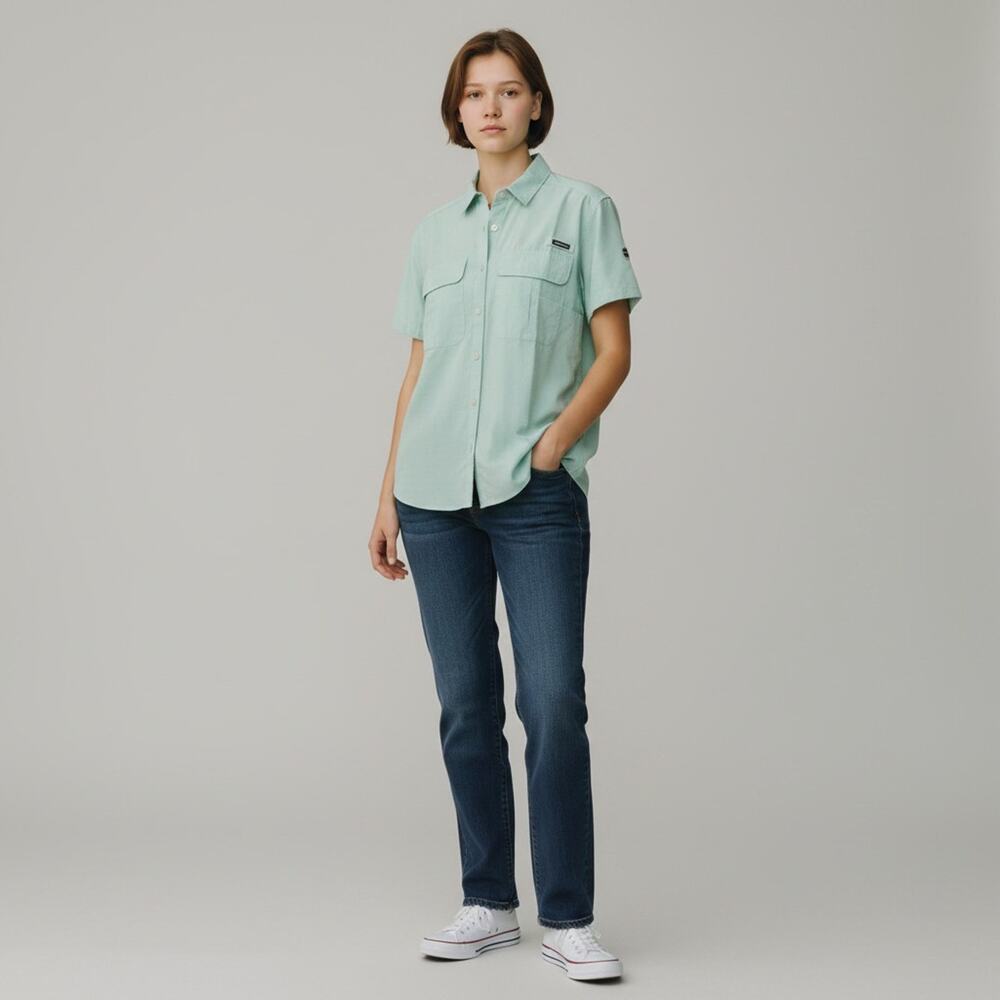 NWT Eddie Bauer Green Button Up Short Sleeve Top #1799 Women's Size XL